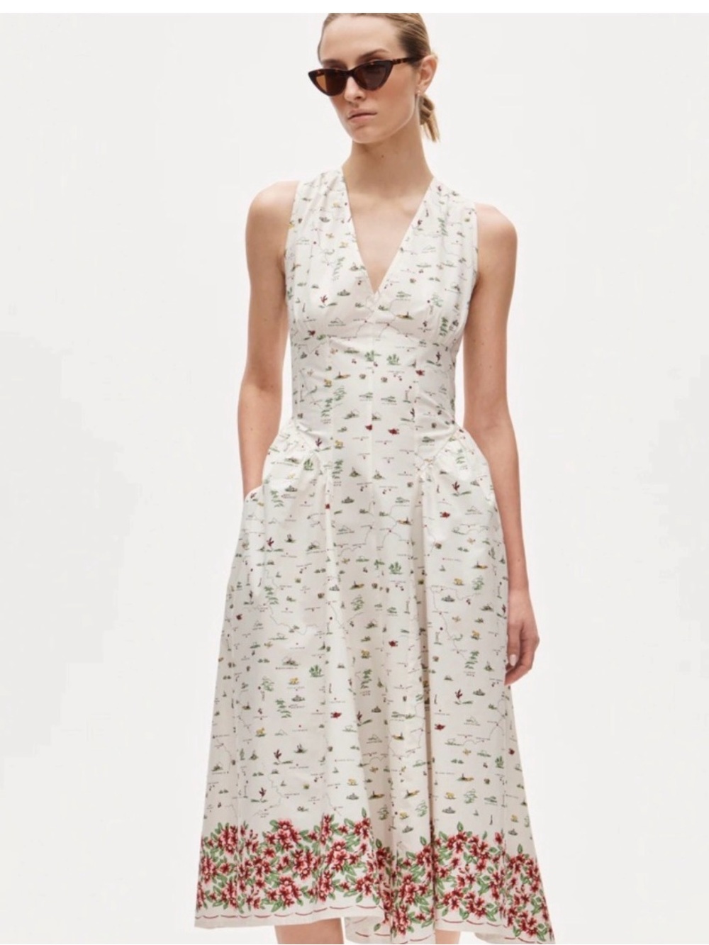 NWOT J. Crew White Sleeveless V-Neck Midi Dress with Red Floral Border